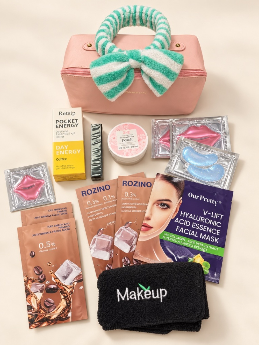 Pink & Mint Self-Care Bundle | Cosmetic Bag, Headband & Spa Masks